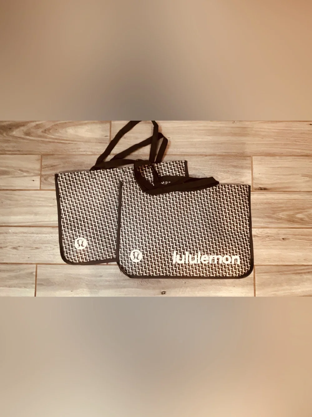 Lululemon Extra Large Reusable Tote Bag Set of 2 | Brown Geometric Print